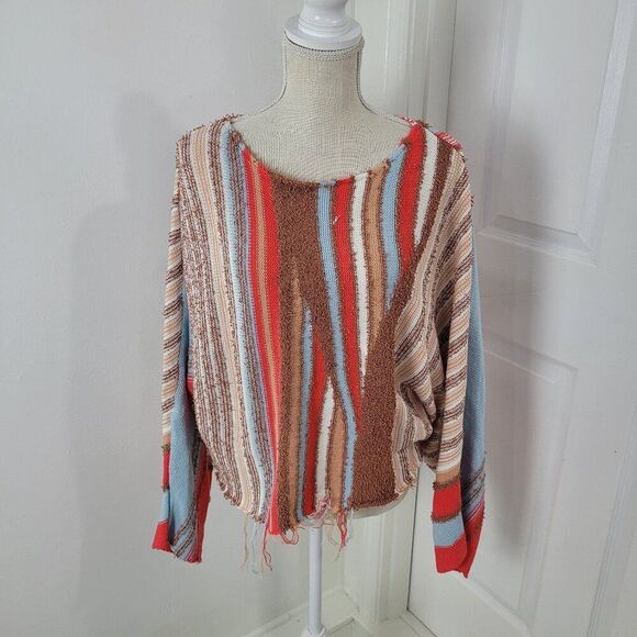Klesis Sweater Womens S/M Baja Mixed Striped Crop Frayed Knit Slouchy Boho - Picture 1 of 15